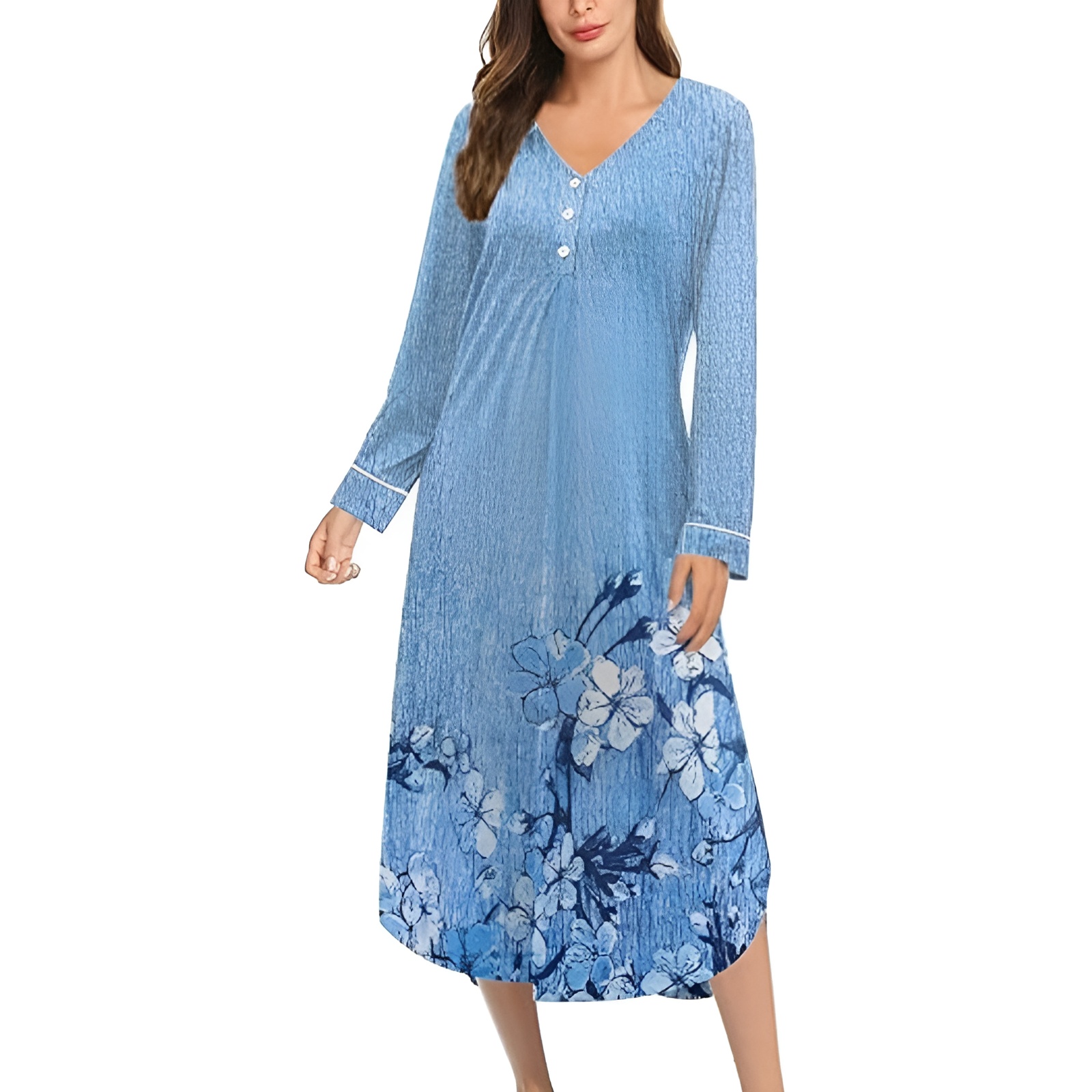 Classic Nightgown With Long Sleeve Button Down Design For Women