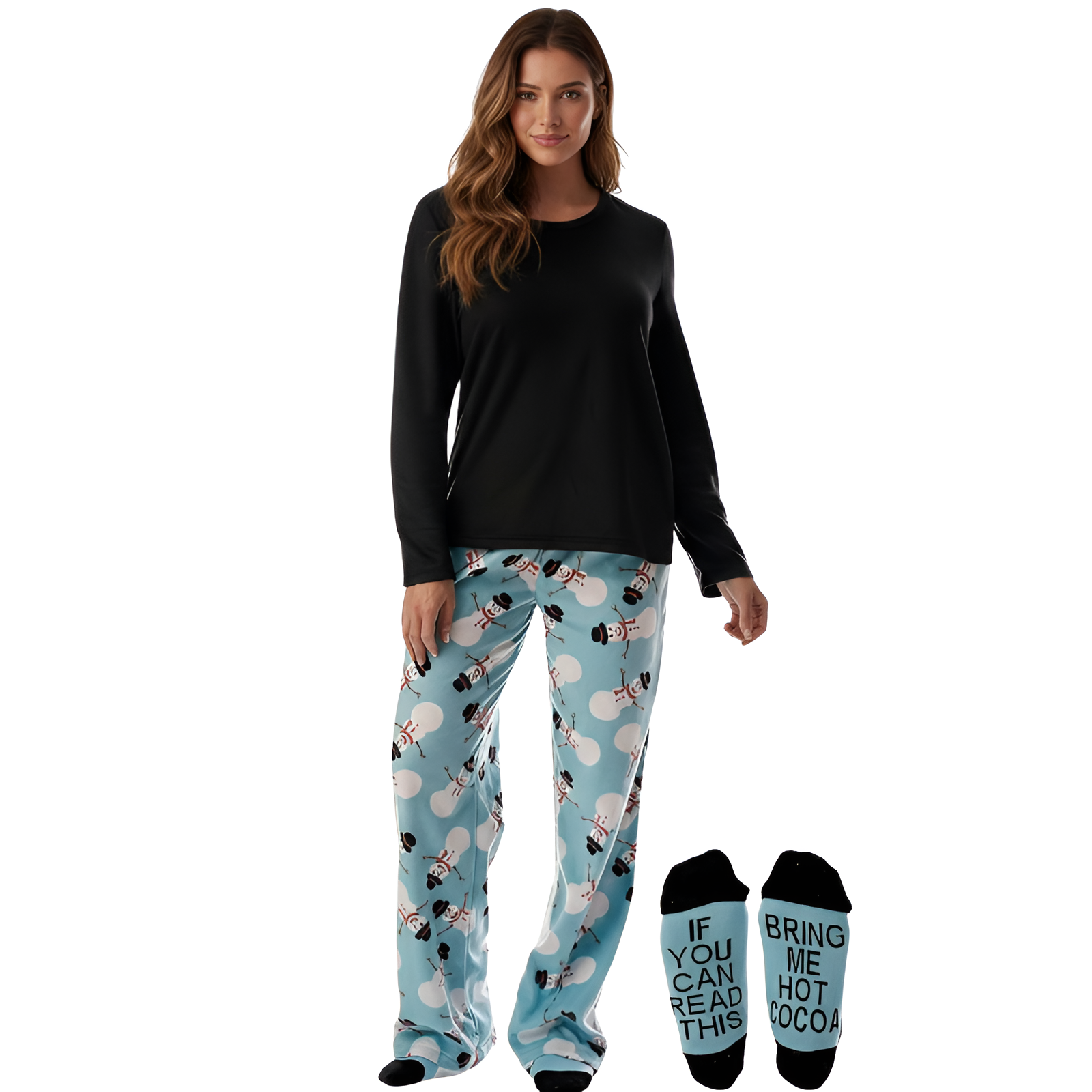 Long Sleeve Pajama Set With Pants And Matching Socks For Women
