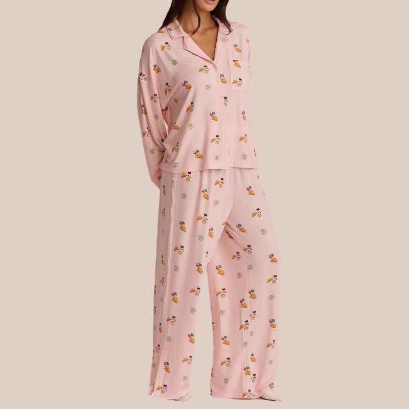 Long Sleeve Pajama Set With Coffee And Croissants Print-Original Pajamas