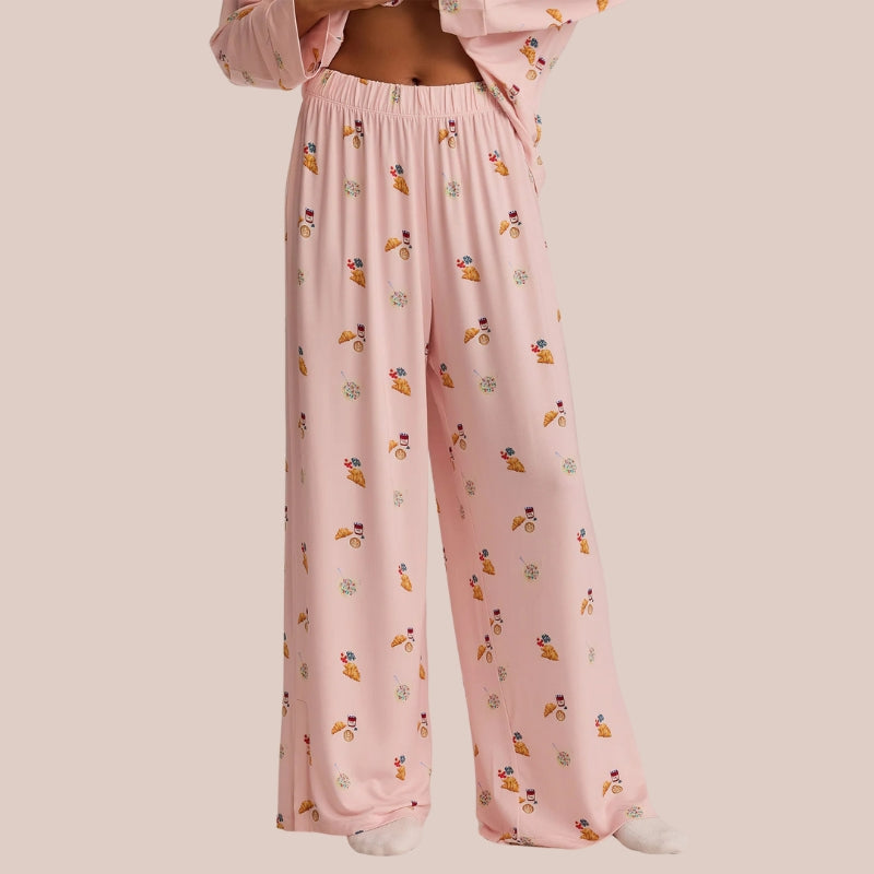 Long Sleeve Pajama Set With Coffee And Croissants Print-Original Pajamas