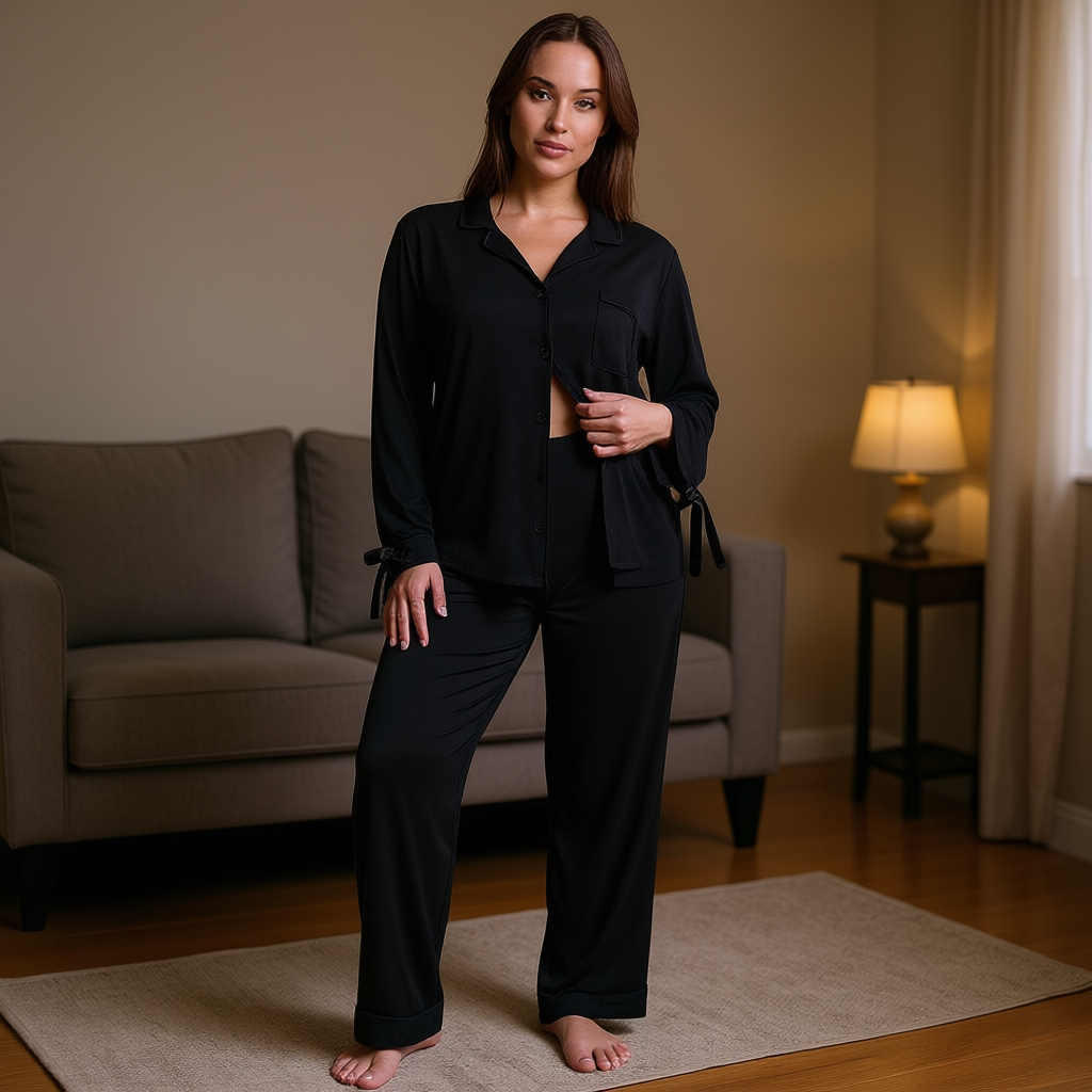 Modal Soft Velvet Trim Long Pajama Set