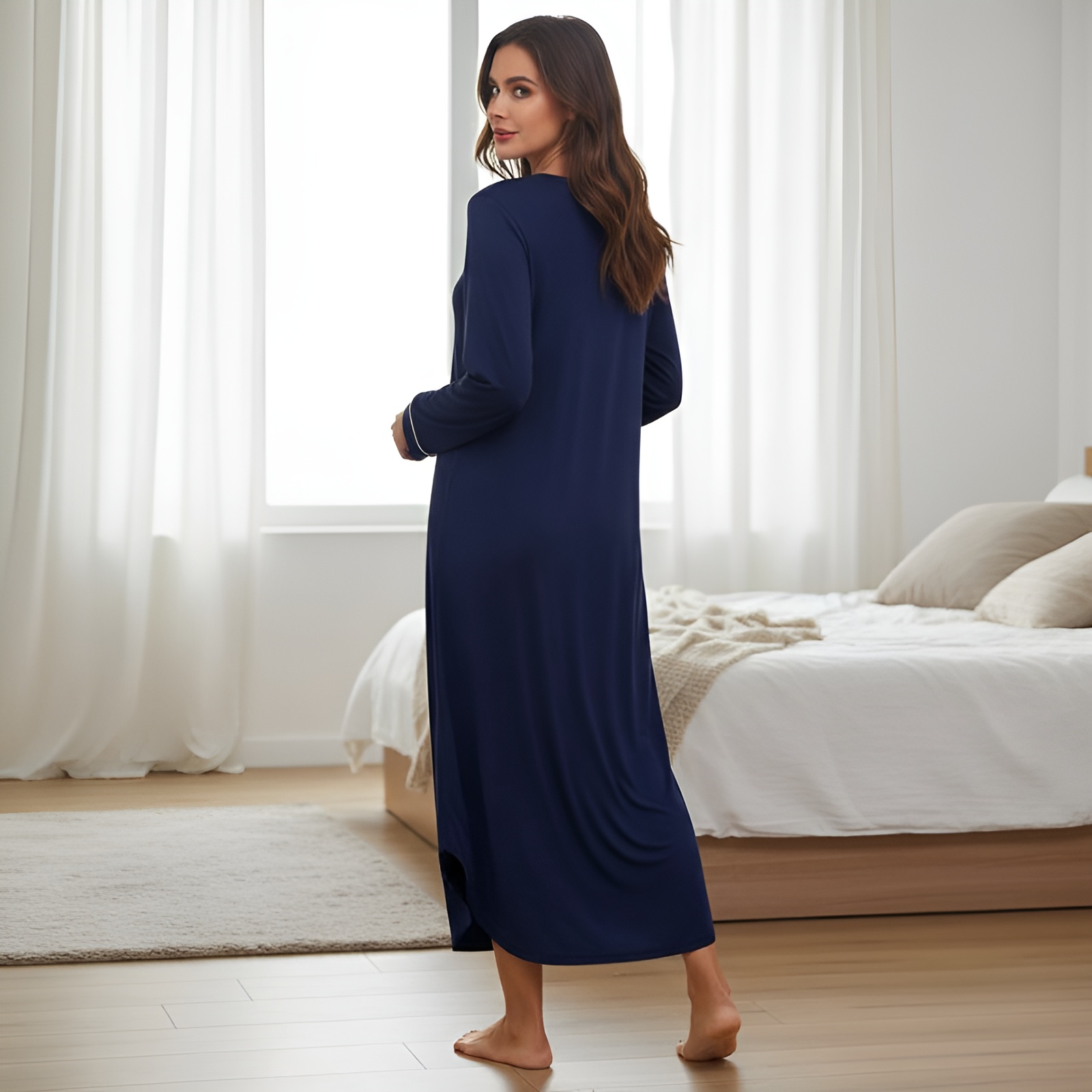 Classic Nightgown With Long Sleeve Button Down Design For Women