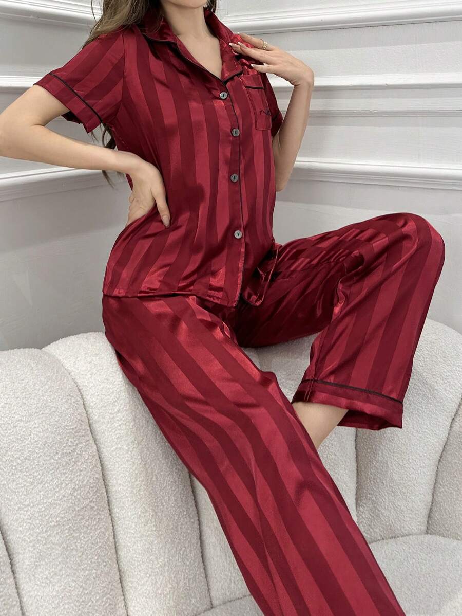 Striped Jacquard Simulated Silk Pajama Set