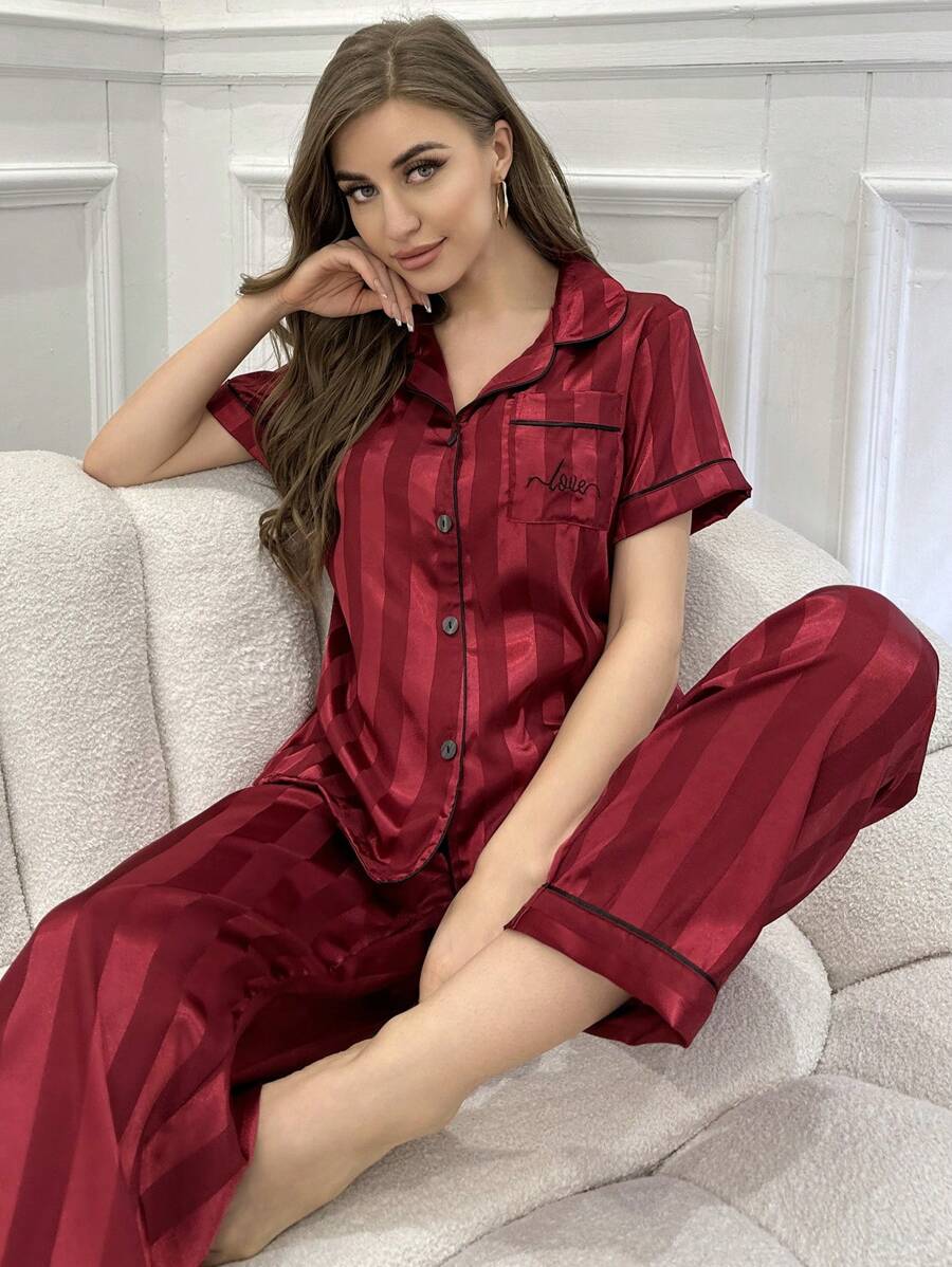 Striped Jacquard Simulated Silk Pajama Set