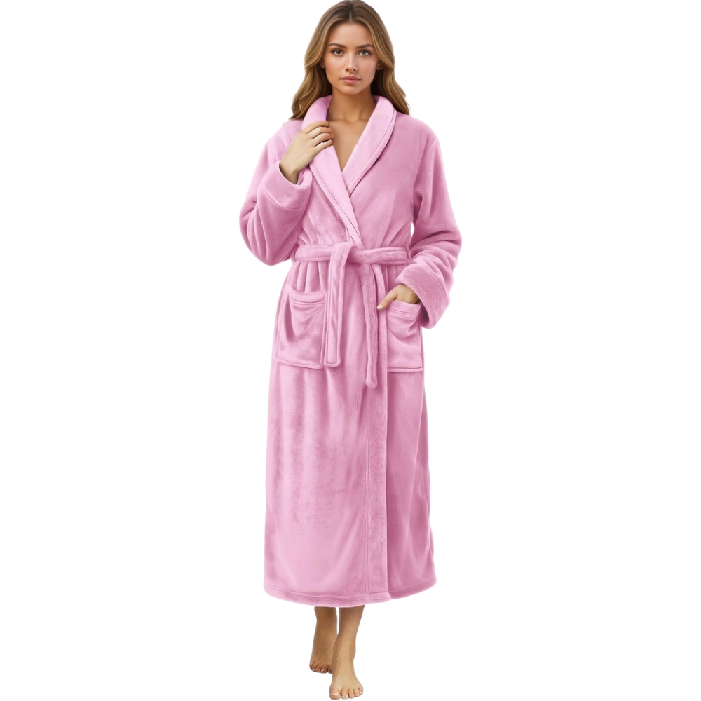 Plush Fleece Long Bath Robe With Shawl Collar And Belt For Women