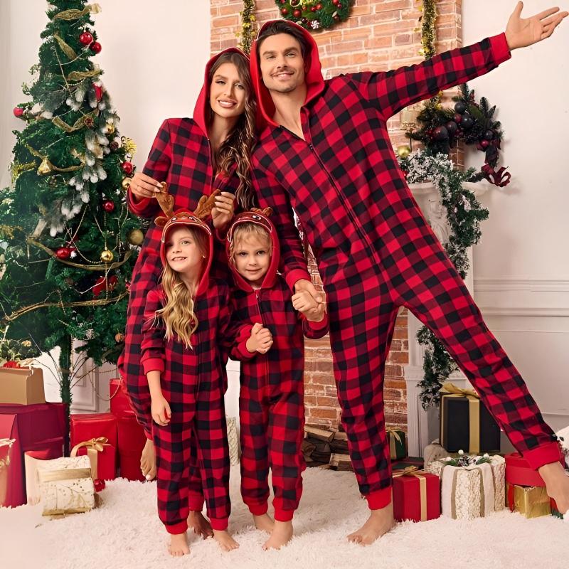 Plaid Christmas Pajamas With Hood Family Matching Onesies