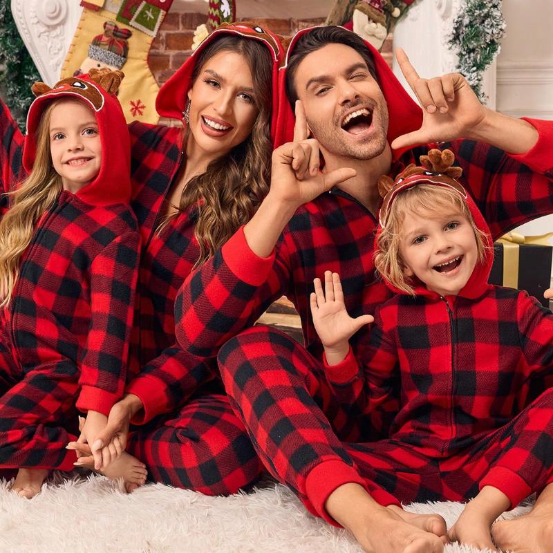 Plaid Christmas Pajamas With Hood Family Matching OnesiesPlaid Christmas Pajamas With Hood Family Matching Onesies - Image 2