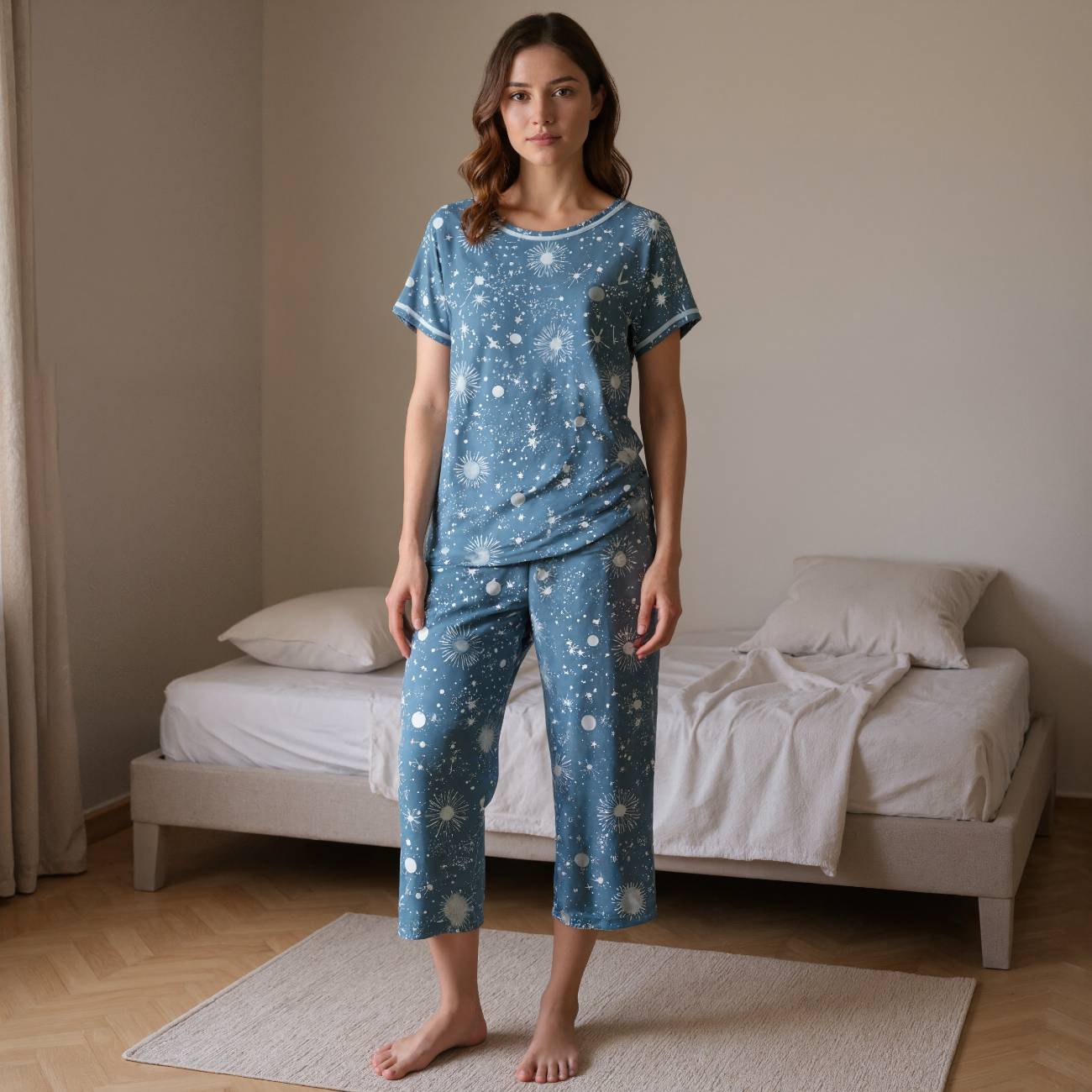 Printed Capri Sleepwear With Short Sleeve Top