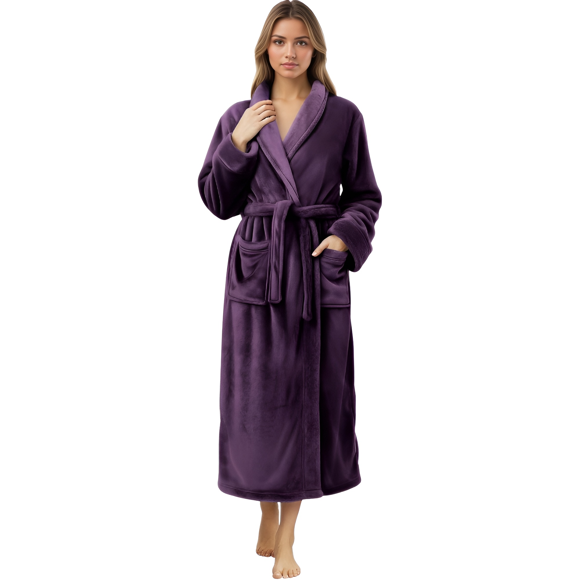 Plush Fleece Long Bath Robe With Shawl Collar And Belt For Women