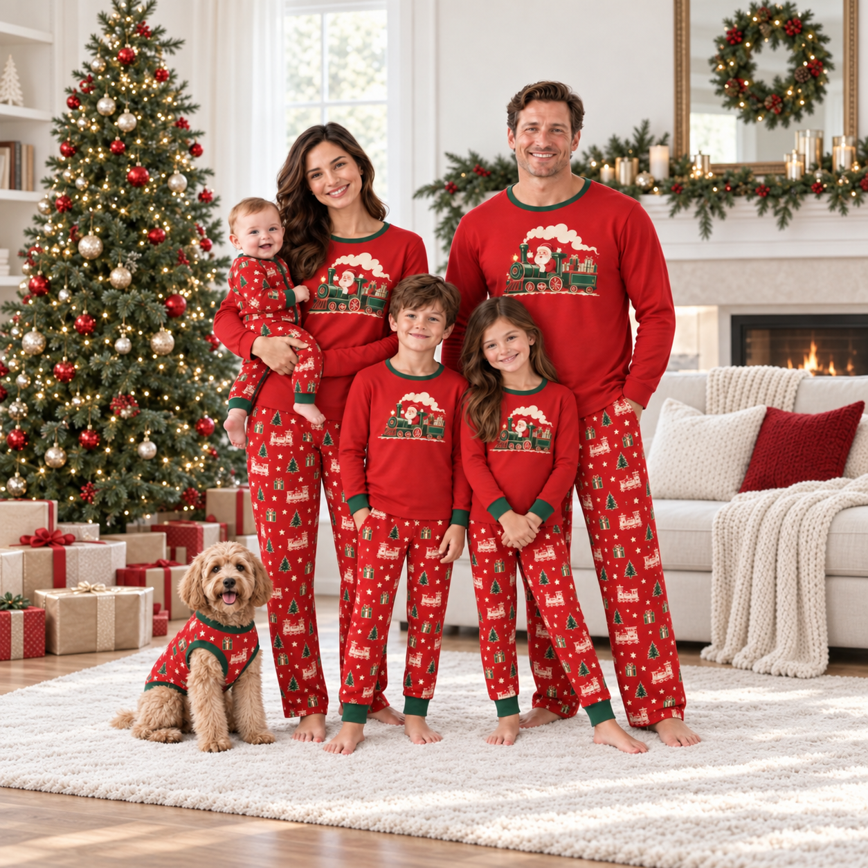Santa Train Christmas Family Matching Pajama Set with Red Top and Toy Train Print Pants for Women, Men, Kids, Baby and Dog