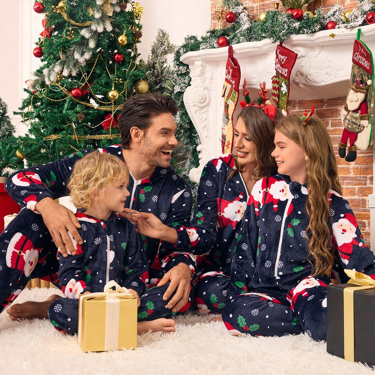 Santa Print Hooded Family Matching Christmas Onesies