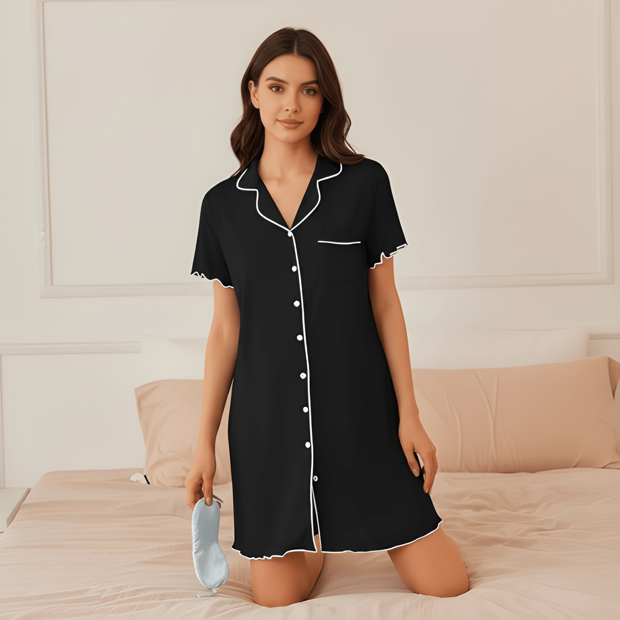 Short Sleeve Nightgown With Button Down For Women
