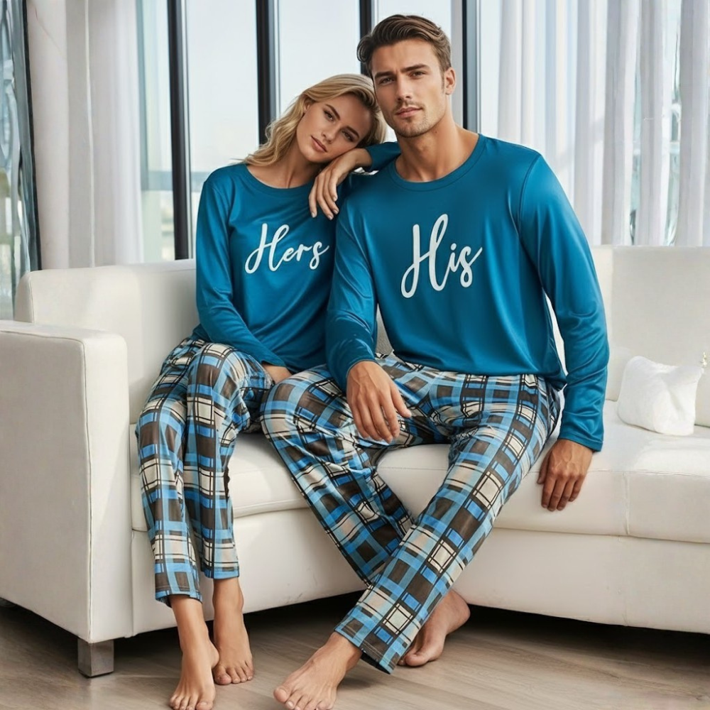 His And Her Printed Long Sleeve Matching Pajama Set For Couple