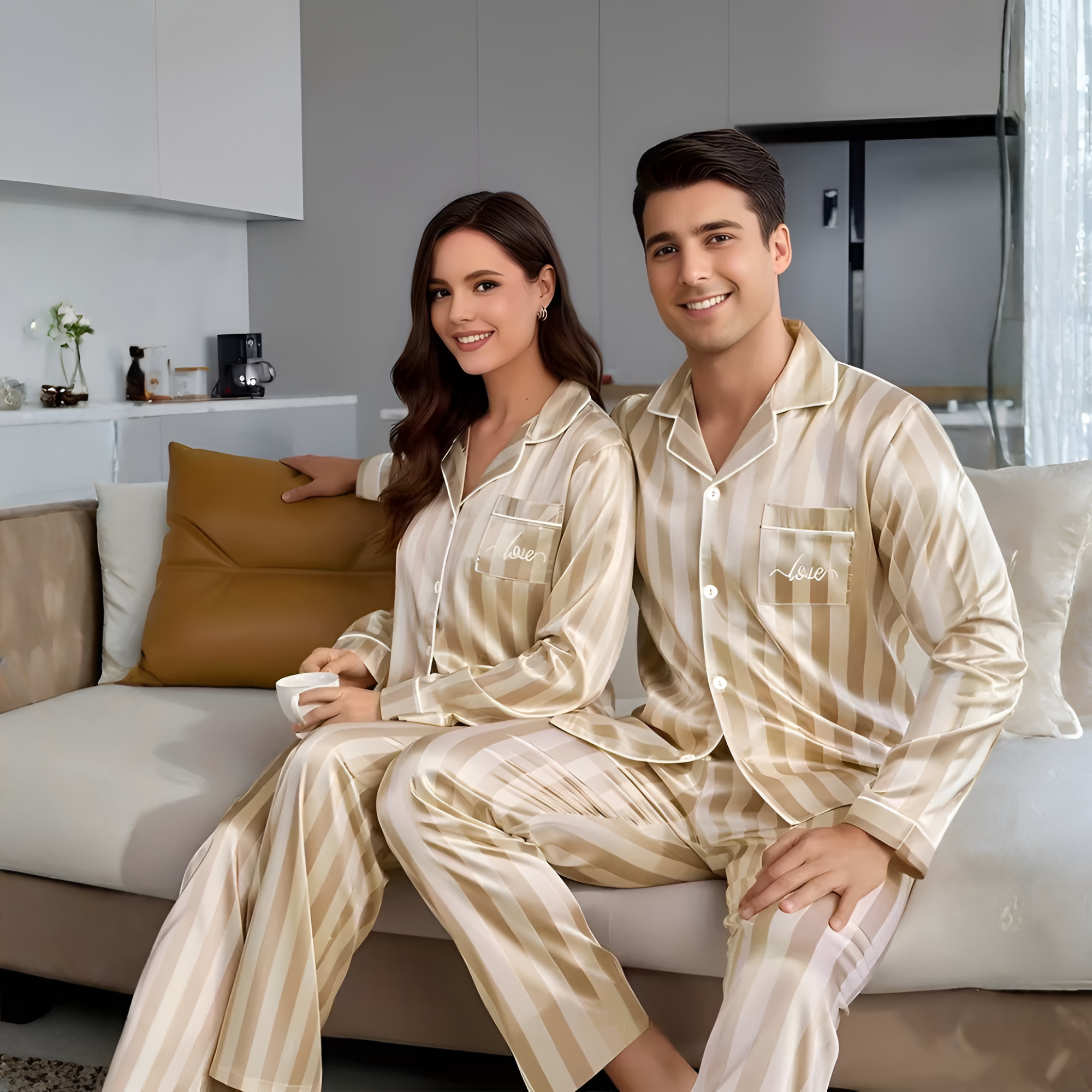 Striped Design Long Sleeve Matching Pajama Set For Couple