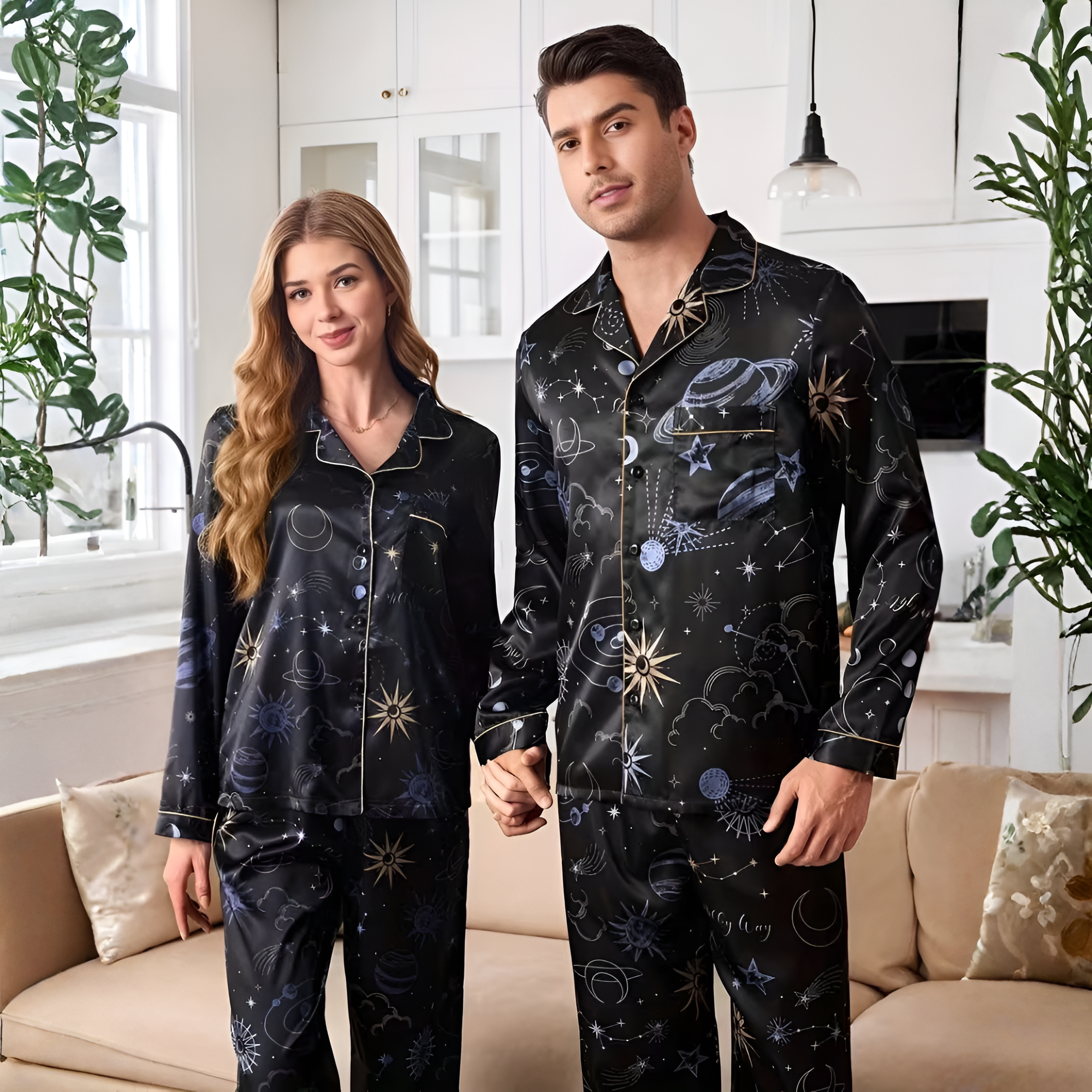 Galaxy Printed Long Sleeve Matching Pajama Set For Couple