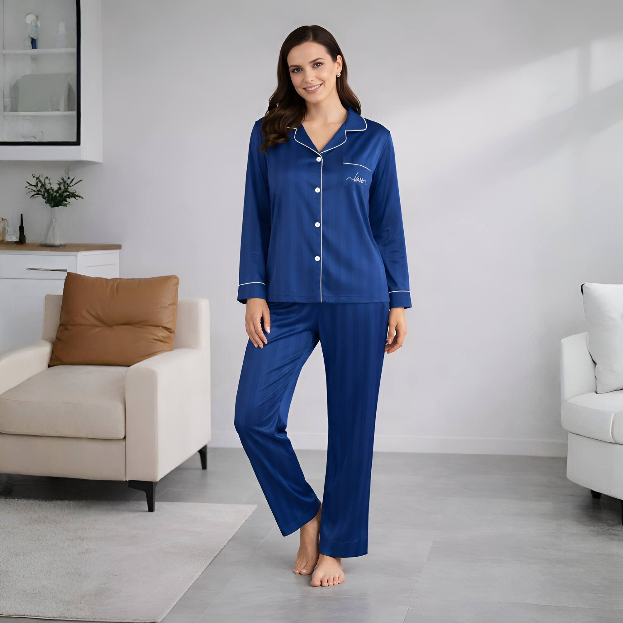 Two Piece Striped Embroidered Matching Pajama Set For Couple