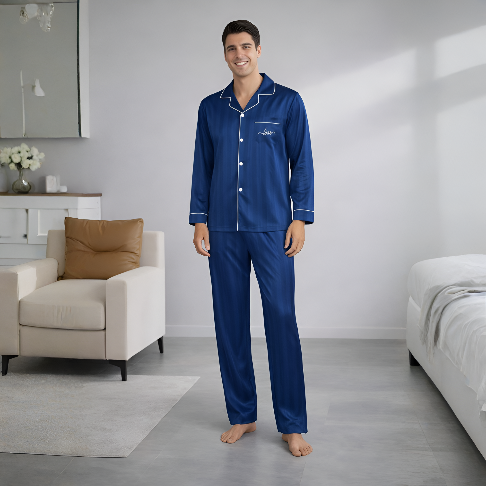 Two Piece Striped Embroidered Matching Pajama Set For Couple