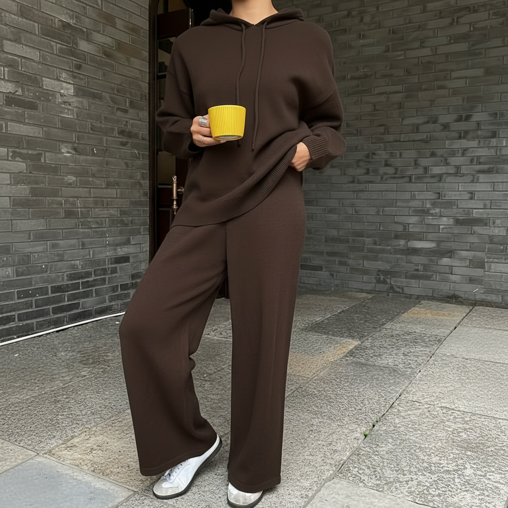 Solid Hooded Knit Top Pant Set