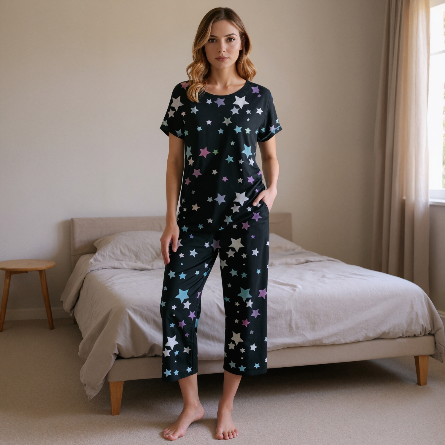 Starry Capri Pajama Set With Short Sleeve