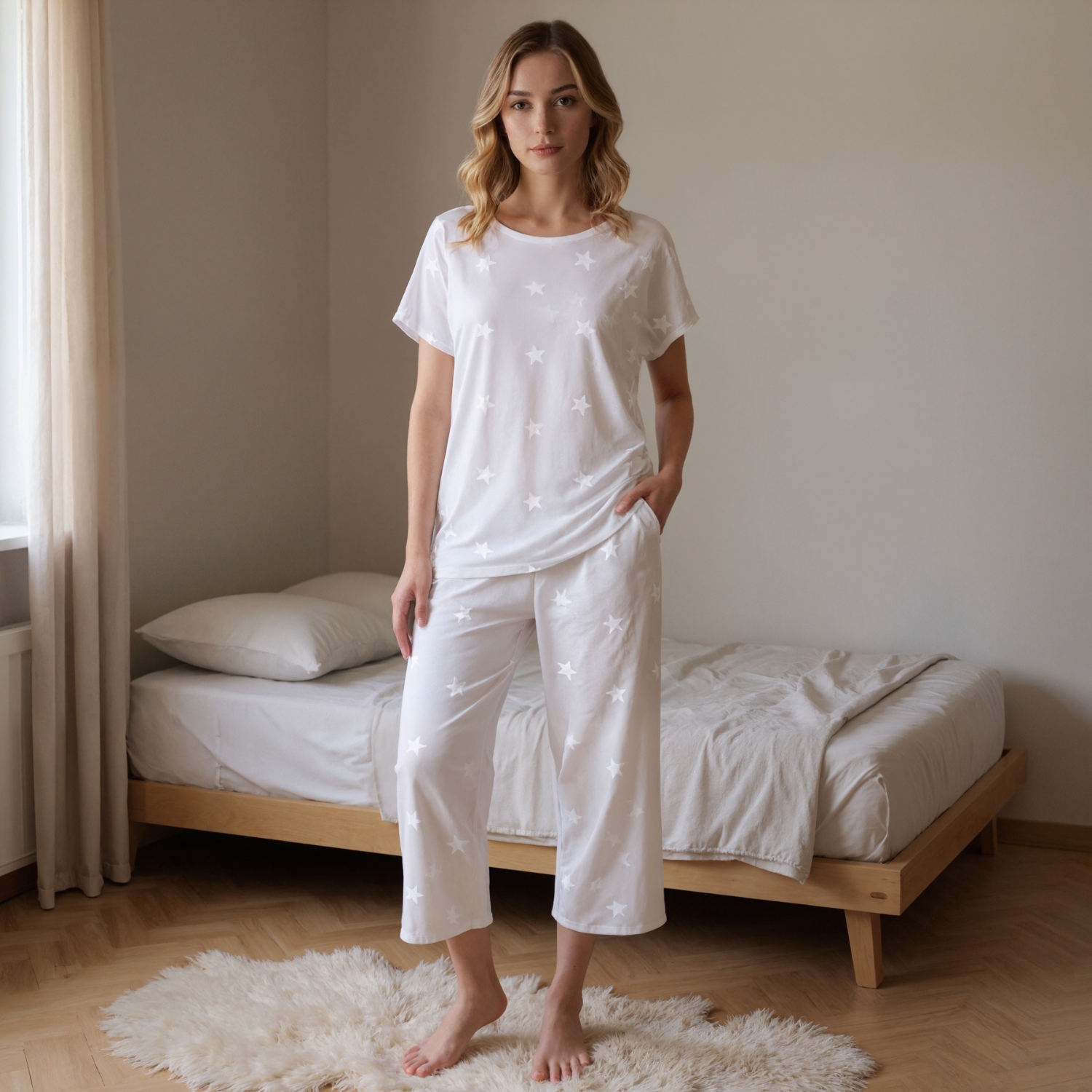 Starry Capri Pajama Set With Short Sleeve