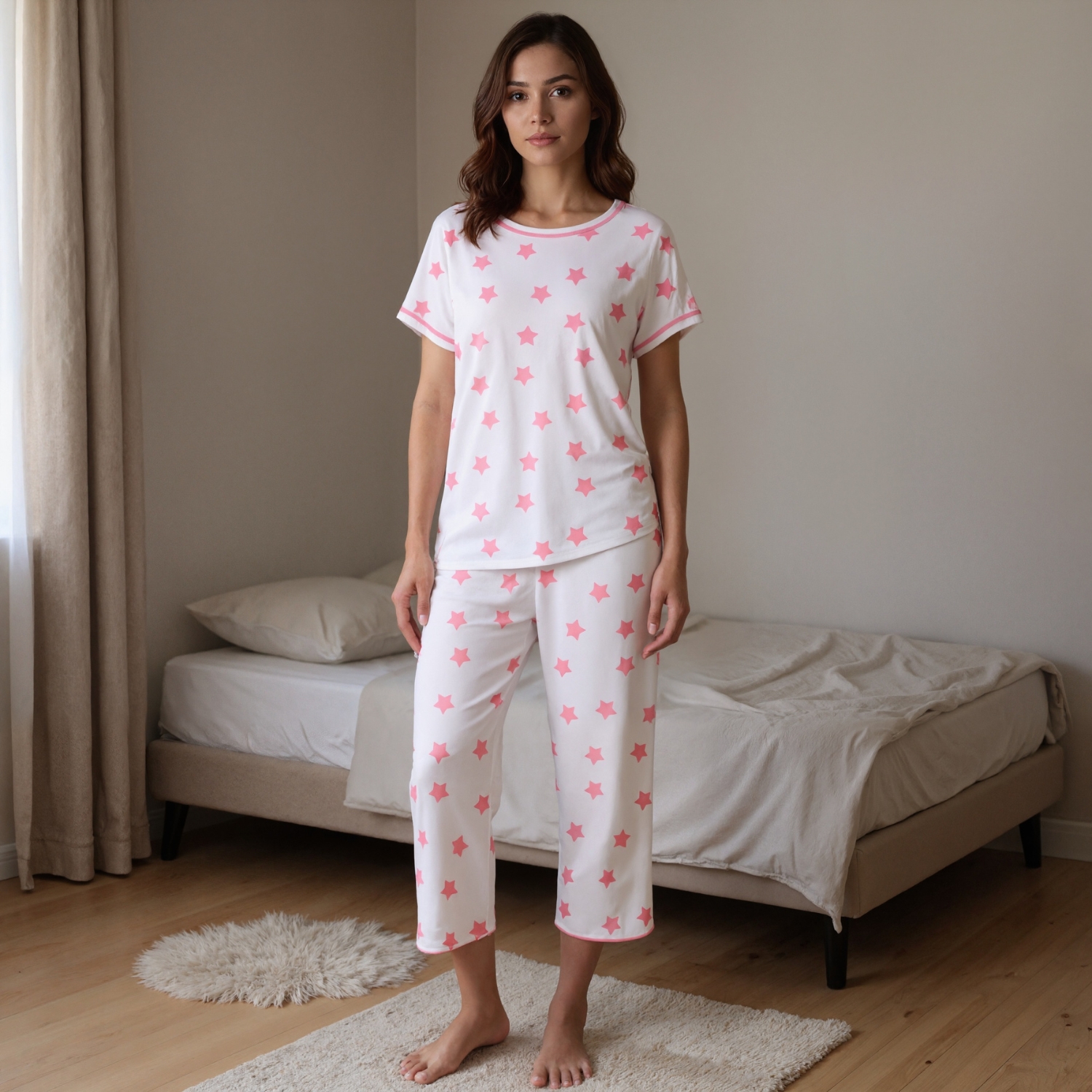 Starry Capri Pajama Set With Short Sleeve