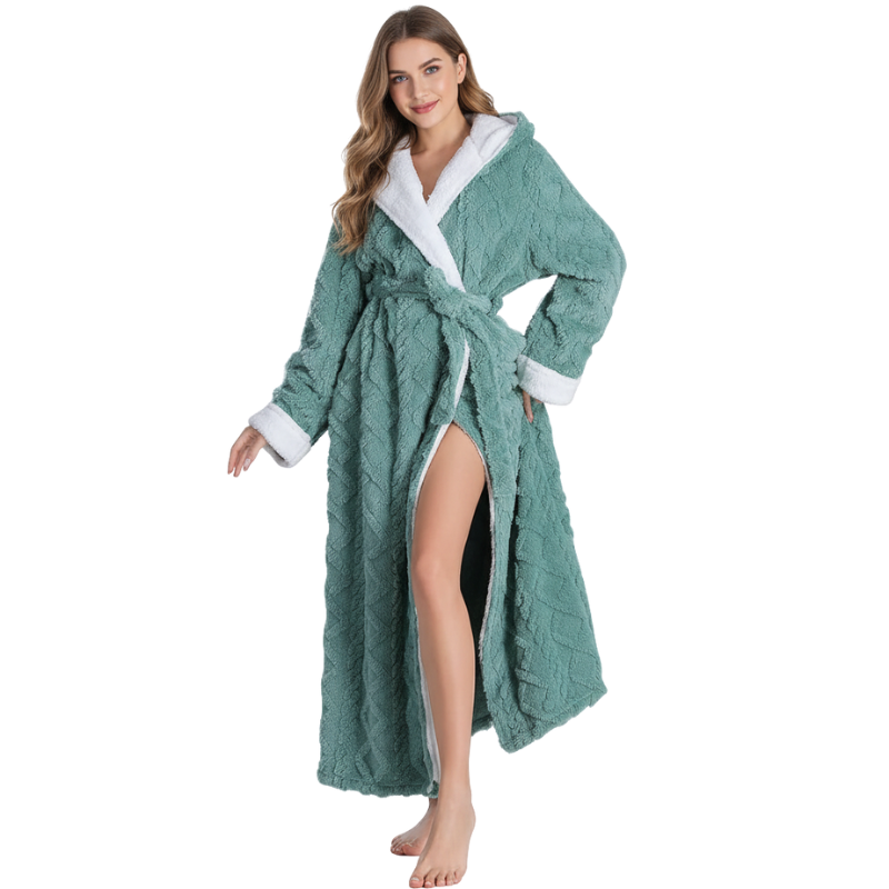 Long Hooded Fleece Bathrobe For Women