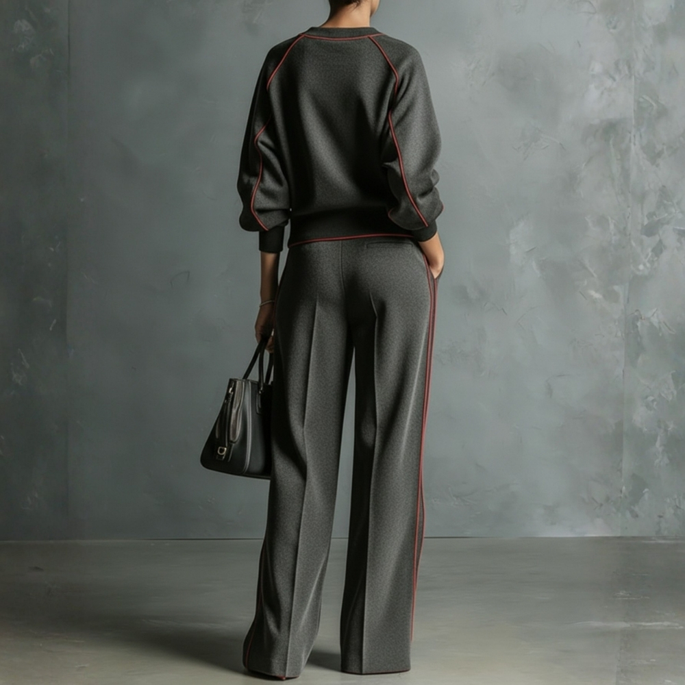 Two Piece Color Block Trim Top and Wide Fit Trousers Set For Women