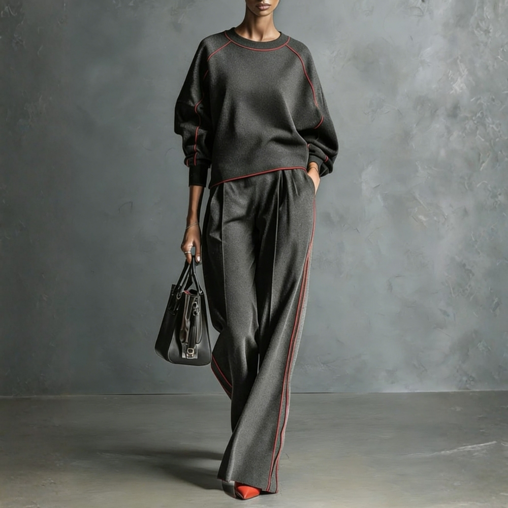 Two Piece Color Block Trim Top and Wide Fit Trousers Set For Women