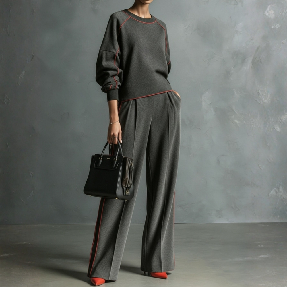 Two Piece Color Block Trim Top and Wide Fit Trousers Set For Women