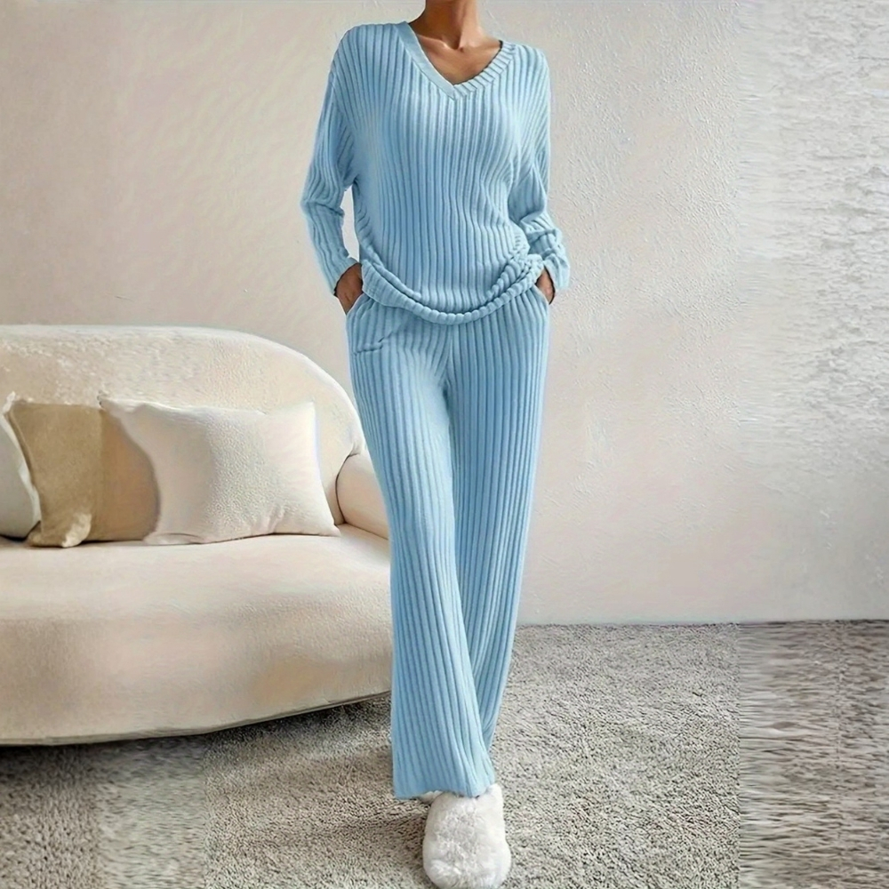 Two Piece Lounge Set With Ribbed Top And Matching Straight Pants For Women