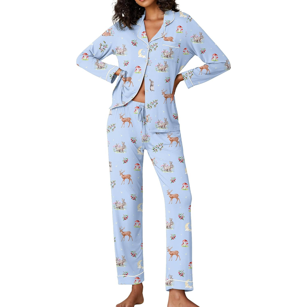 Two Piece Pajamas Set For Women With Long Sleeve Button Down Sleepwear