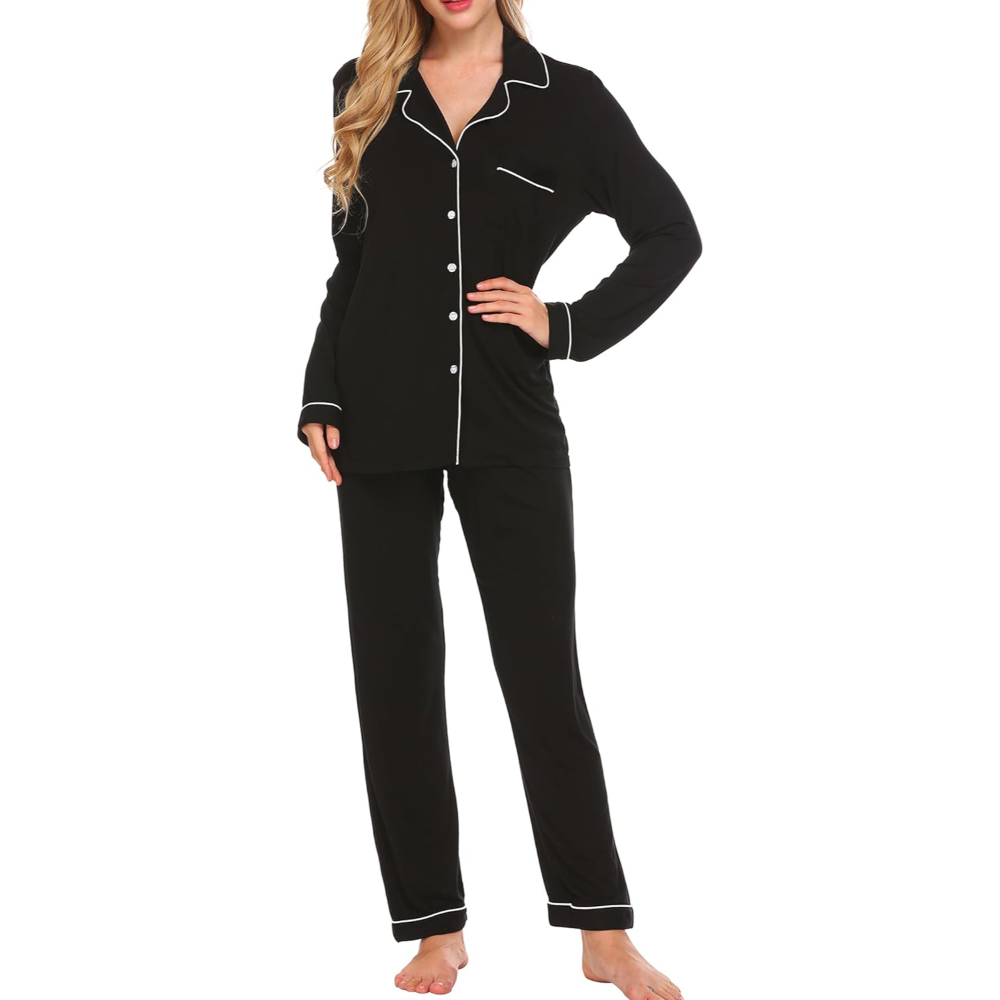 Two Piece Pajamas Set For Women With Long Sleeve Button Down Sleepwear