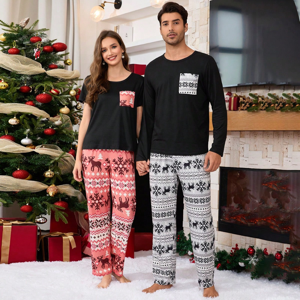 Reindeer And Snowflake Print Couple Pajama Set
