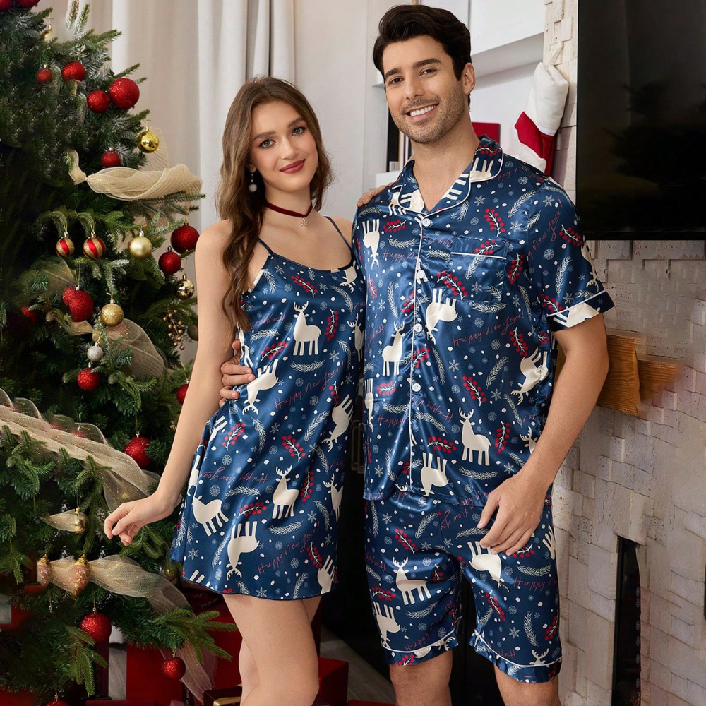 Christmas Deer Print Two Pieces Couple Pajama Set