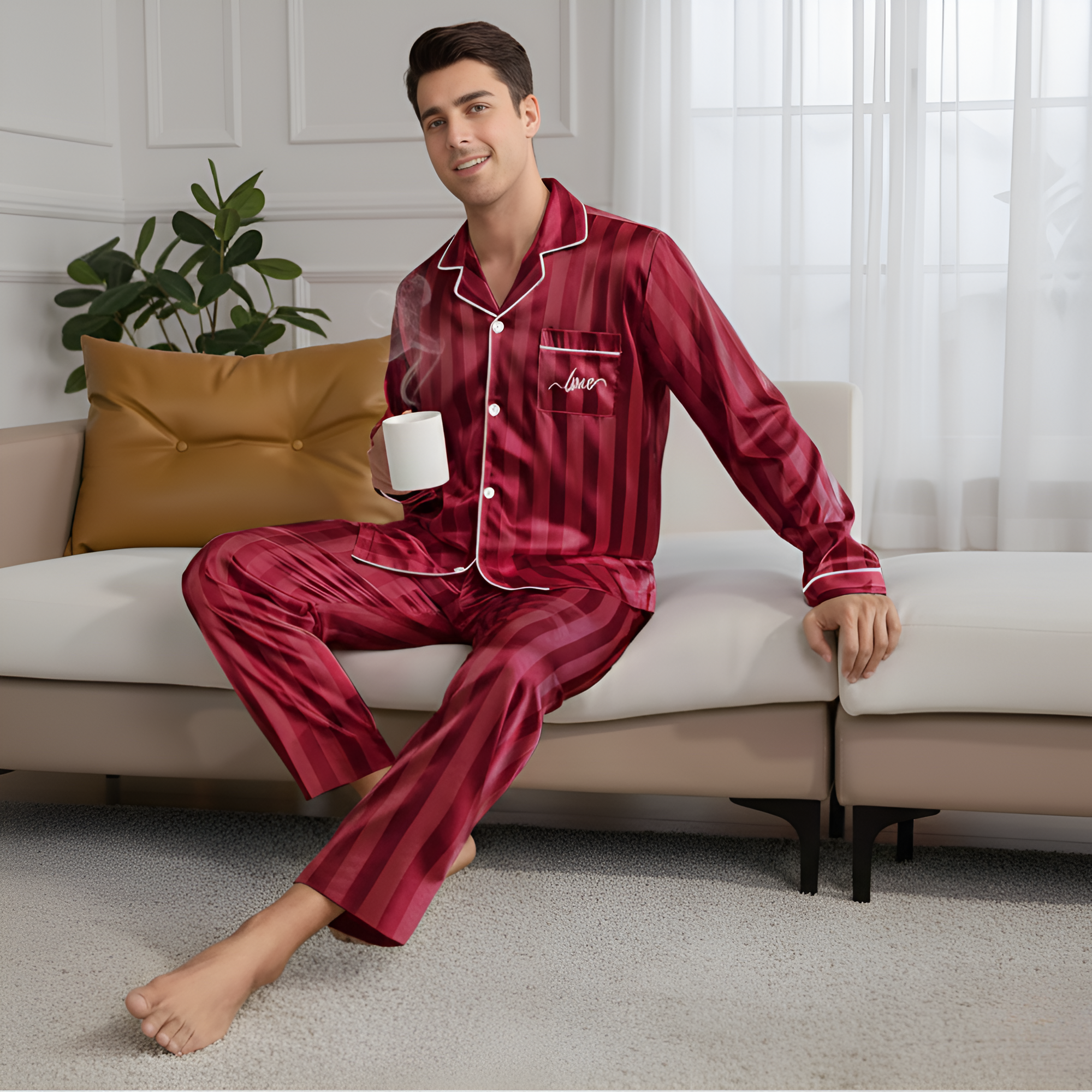 Couple Style Long Sleeve Striped Button Up Loungewear Pajama Set