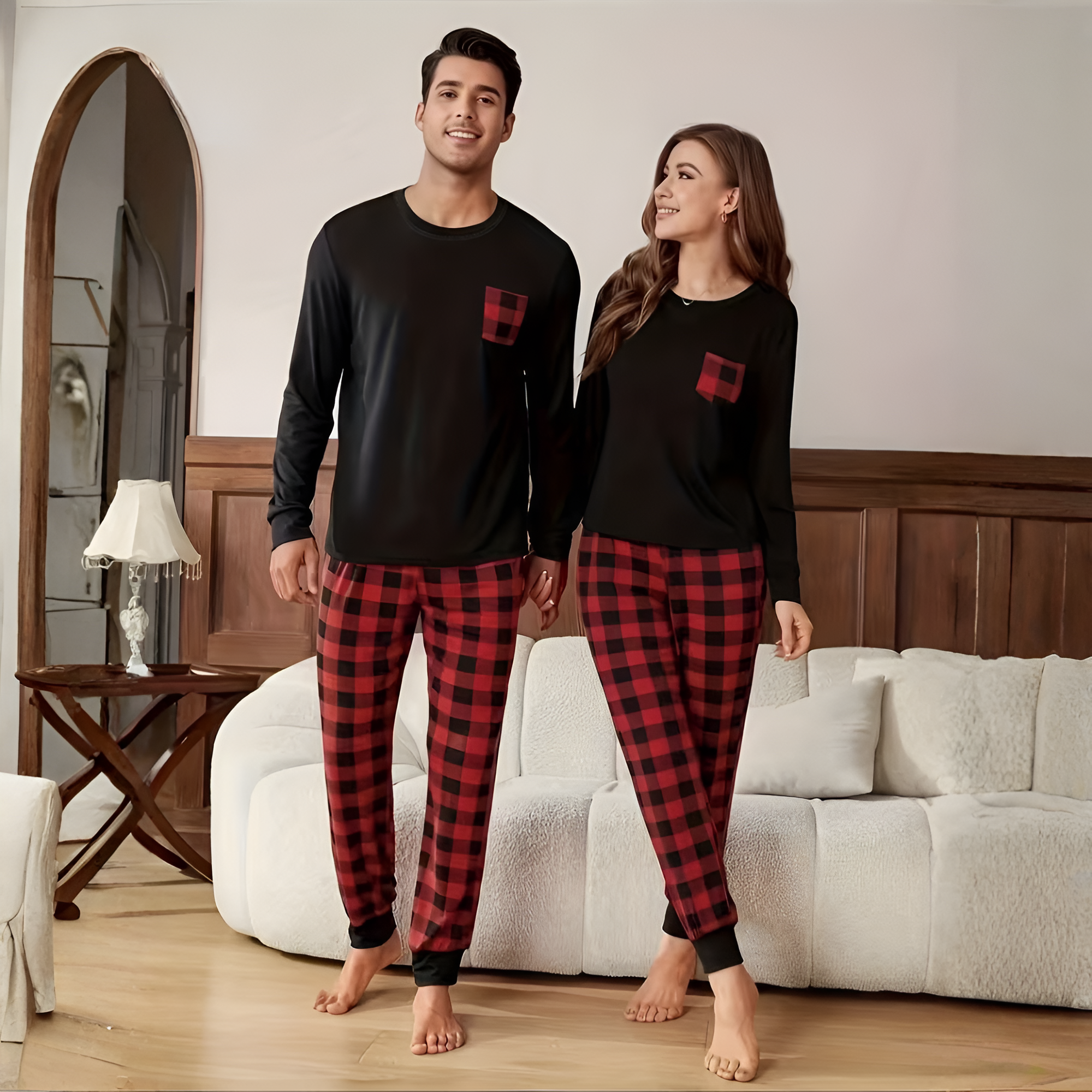 Plaid Pocket Long Sleeve Pajama Set For Couple