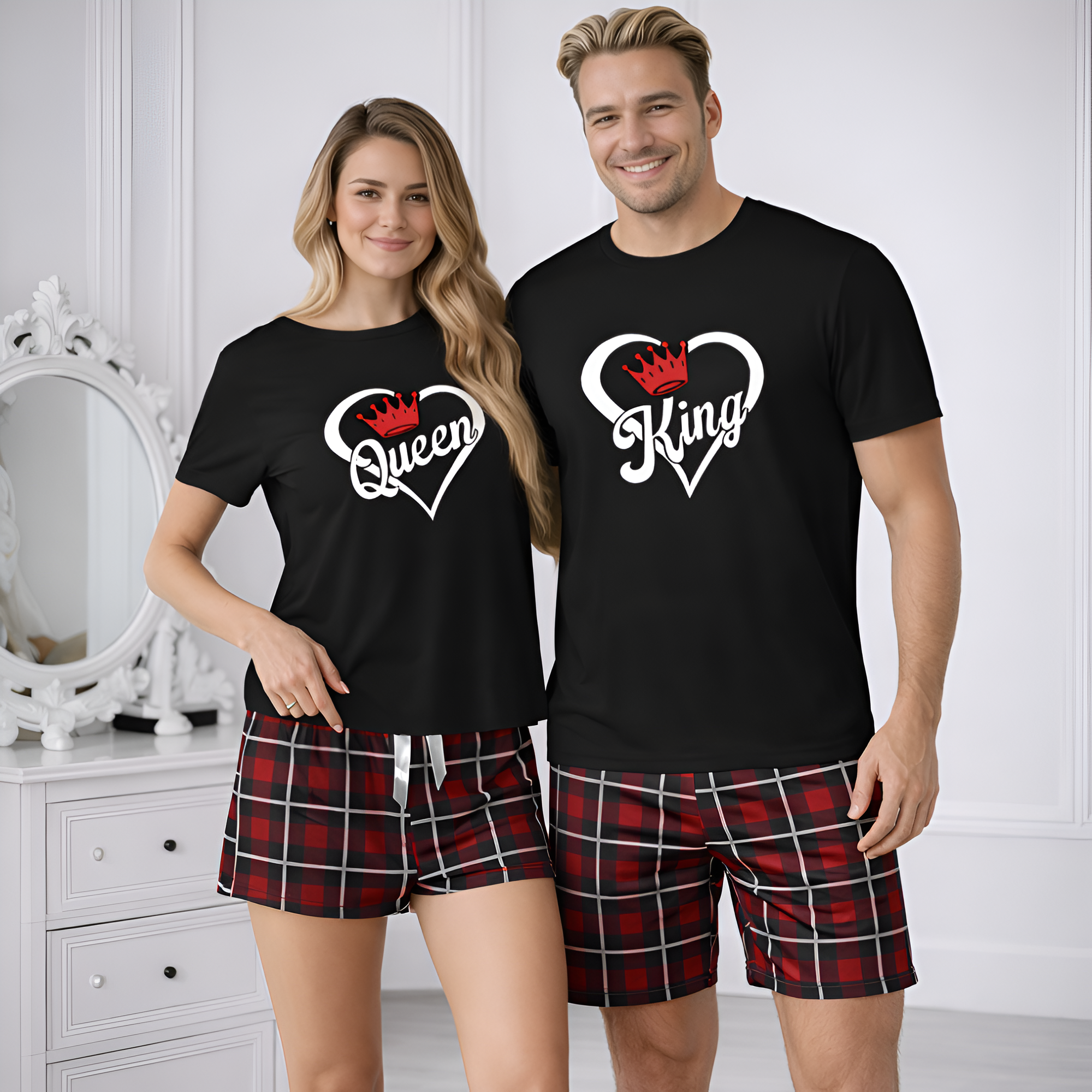 King Queen Print Shorts Pajama For Couple