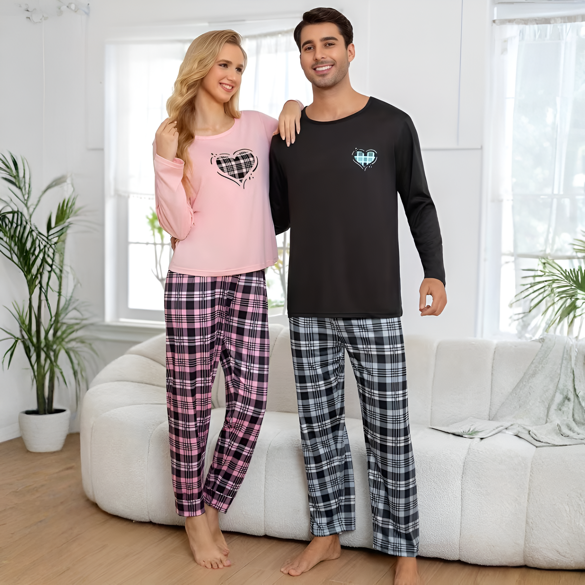Couple Solid Color Crew Neck Sleepwear Set
