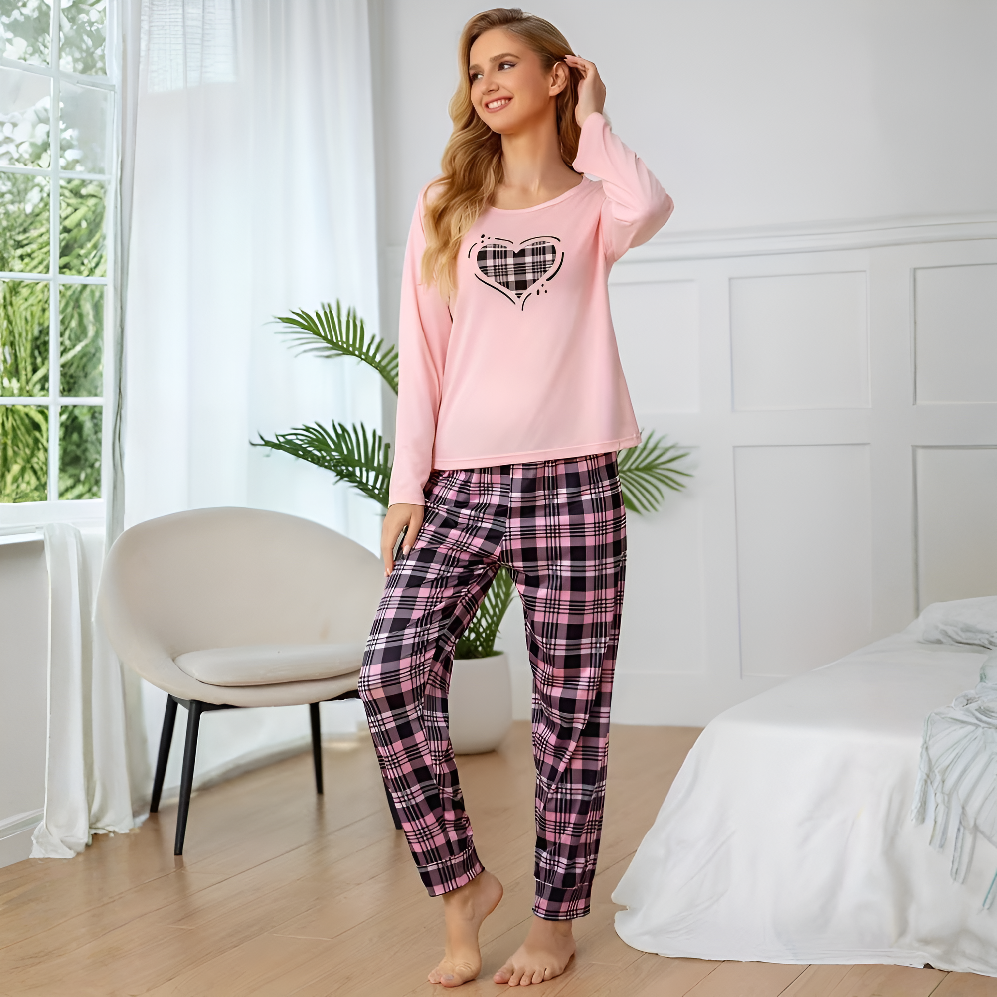 Couple Solid Color Crew Neck Sleepwear Set