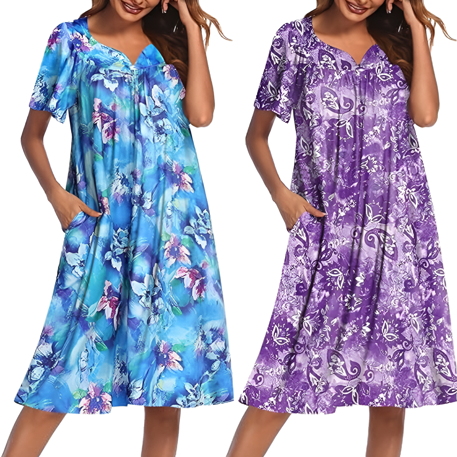Pack Of 2 Casual House Dresses For Women With Pockets And Floral Print