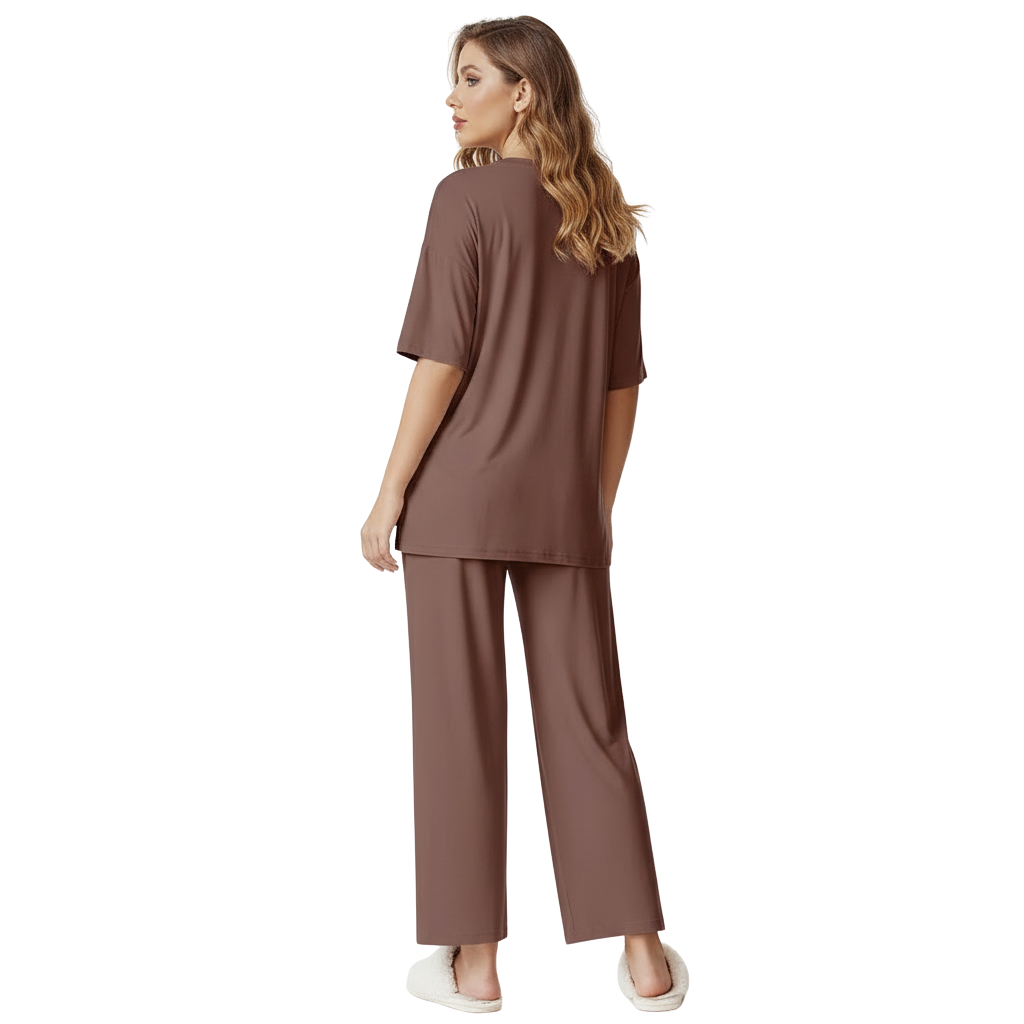 Two Piece Lounge Pajama Set With Short Sleeve Top And Pants For Women