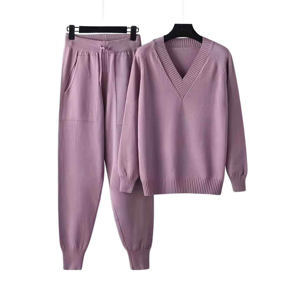 V Collar Knit Sweater Pant Set