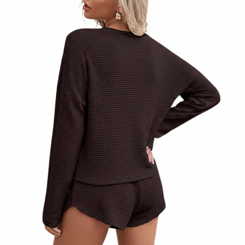 Waffle Knit Two Piece Lounge Set With Long Sleeve Top And Shorts