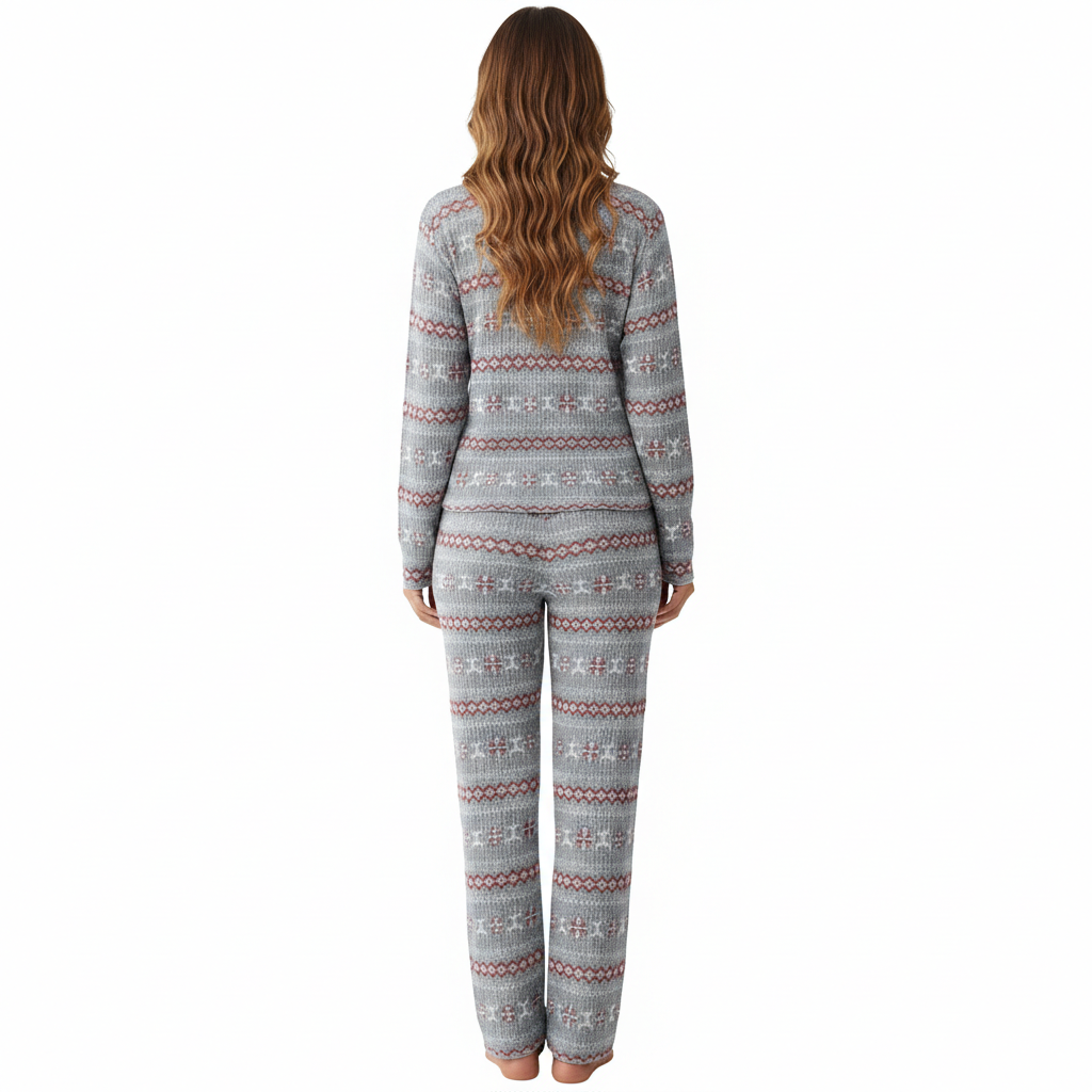 Waffle Knit Long Sleeve 2 Piece Lounge Wear Pajama Set For Women