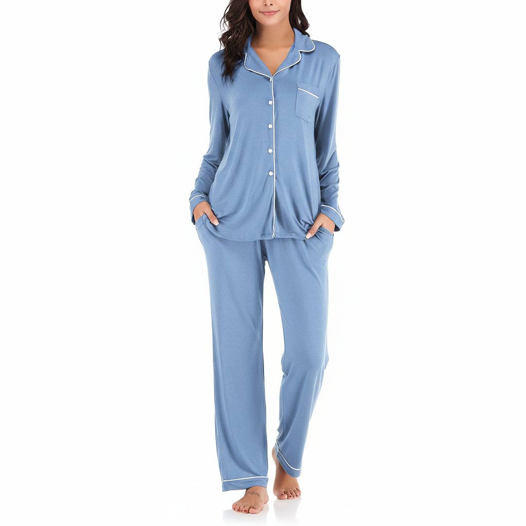 Long Sleeve Button Down Pajama Set Lounge Sleepwear For Women