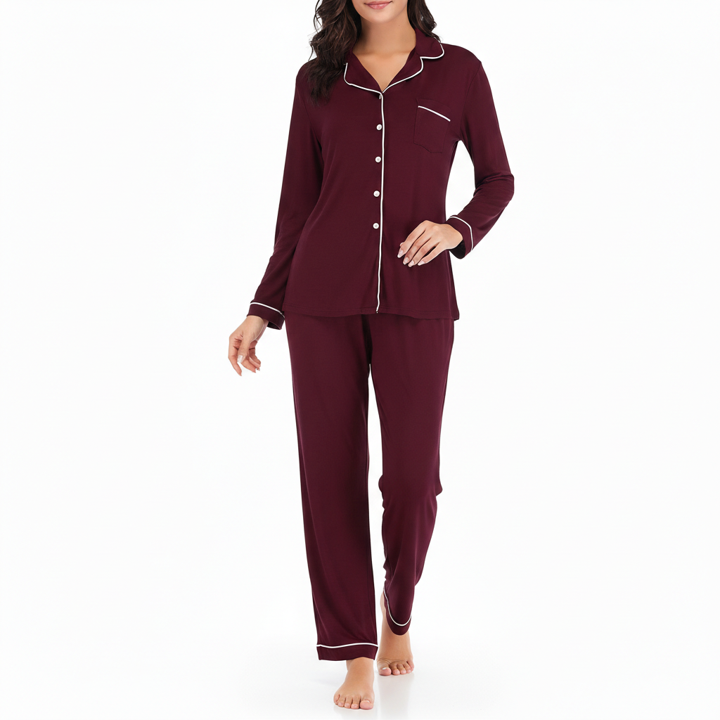 Long Sleeve Button Down Pajama Set Lounge Sleepwear For Women