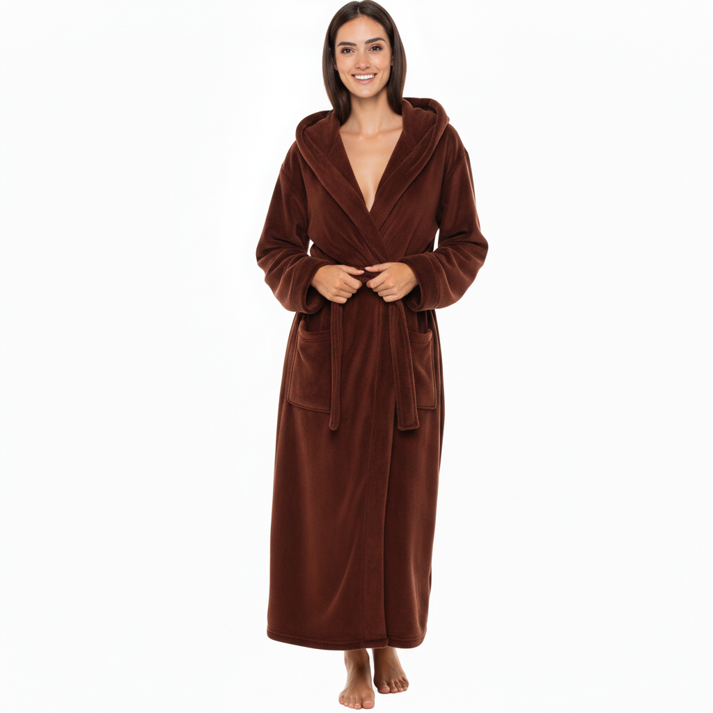 Full Length Hooded Plush Fleece Bathrobe With Belt For Women