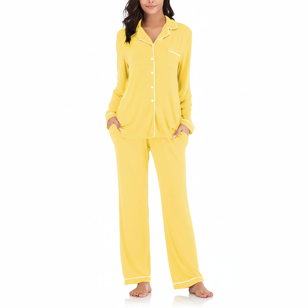 Long Sleeve Button Down Pajama Set Lounge Sleepwear For Women