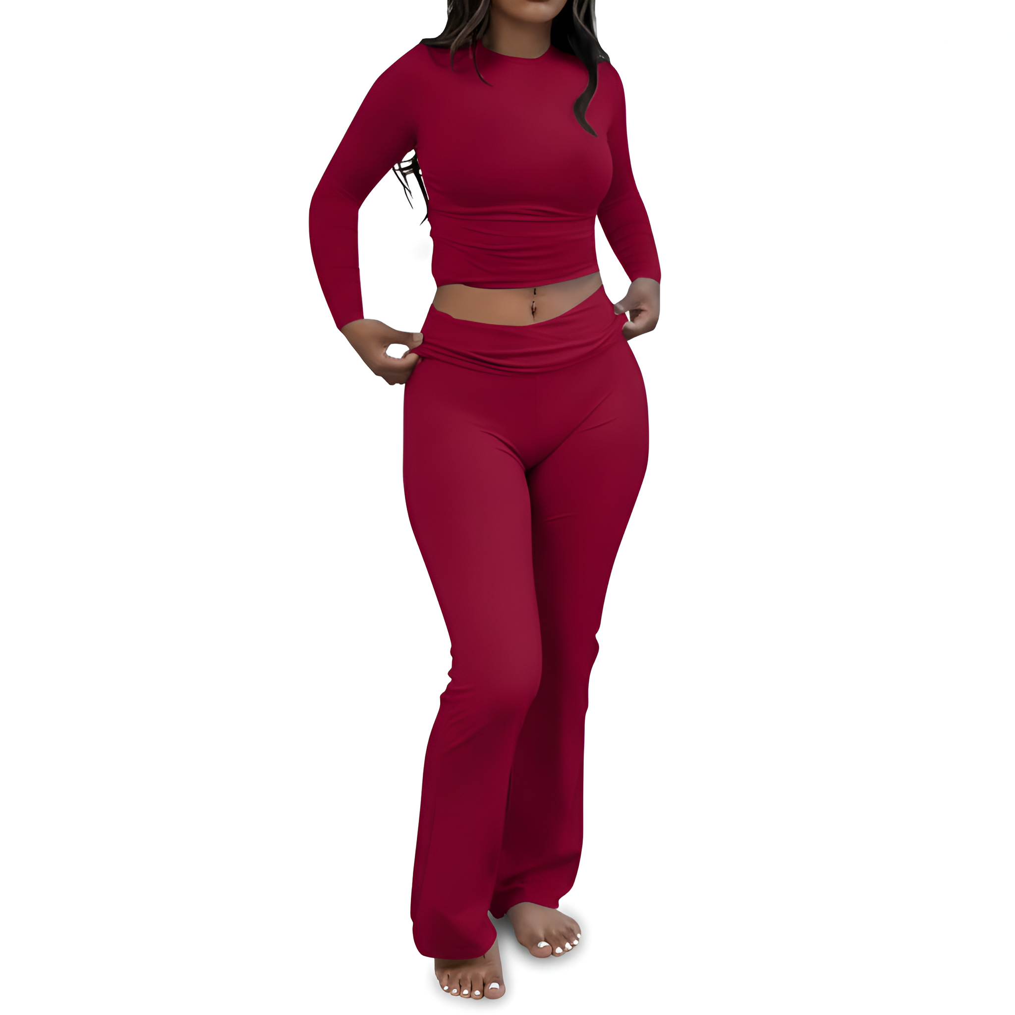 2 Piece Of Soft Lounge Wear Long Sleeve Top And Flared Pants Set For Women