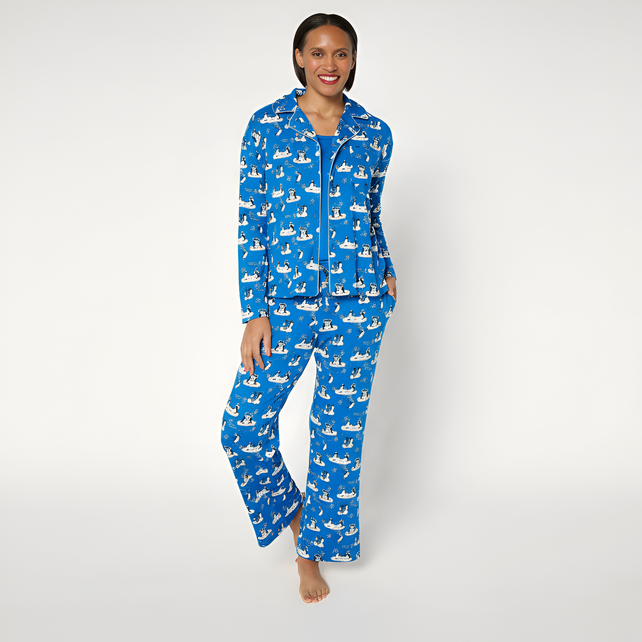 Petite Notch Collar Pajama Set With Matching Pants For Women